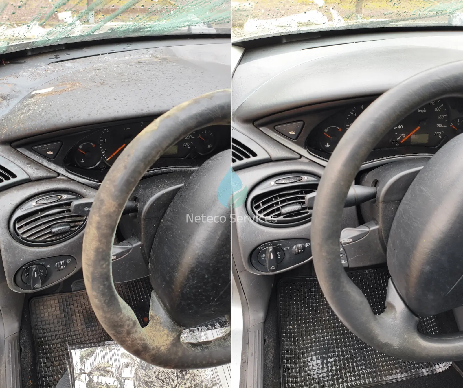 Avant et après nettoyage intérieur de voiture avec volant et tableau de bord encrassés