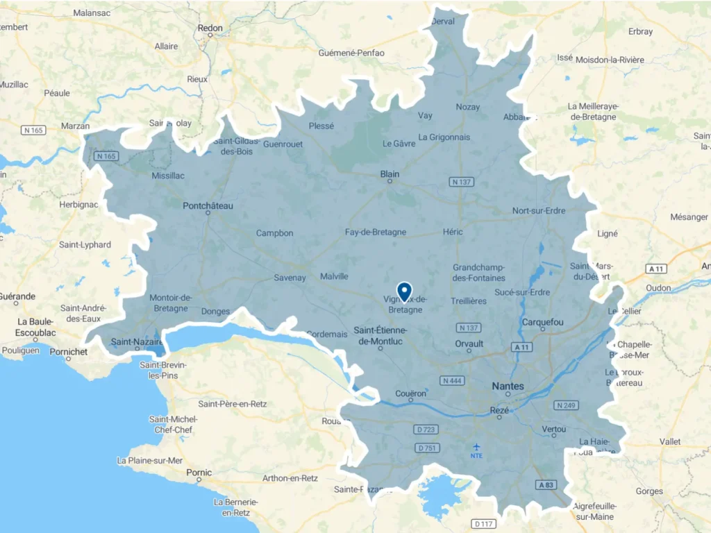 Carte de la zone d’intervention de Neteco Services entre Nantes et Saint-Nazaire